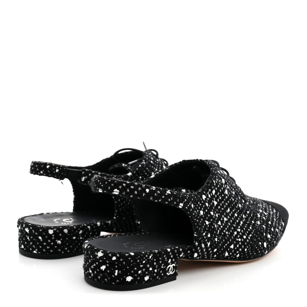 Cotton Tweed Grosgrain Cap Toe Lace Up Slingbacks 38 Black Silver White