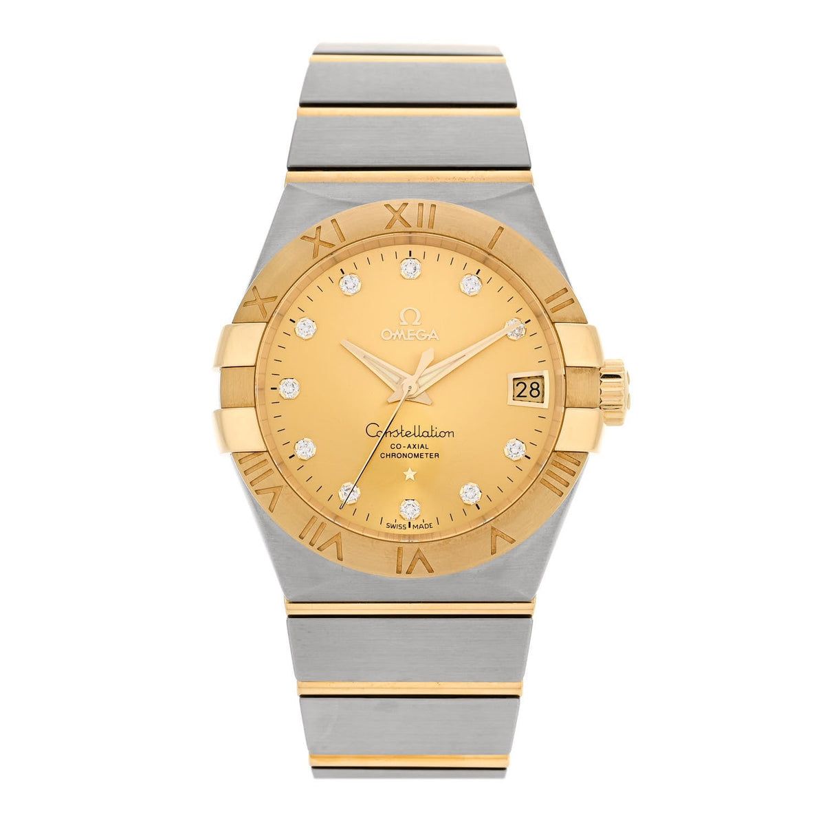 Stainless Steel 18K Yellow Gold Diamond 38mm Constellation Co-Axial Chronometer Automatic Watch Champagne 123.20.38.21.58.001
