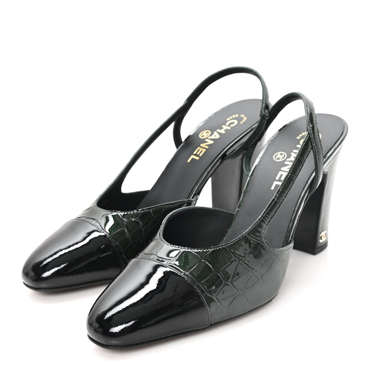 Patent Calfskin Crocodile Embossed Cap Toe CC Slingback 40 Dark Green Black