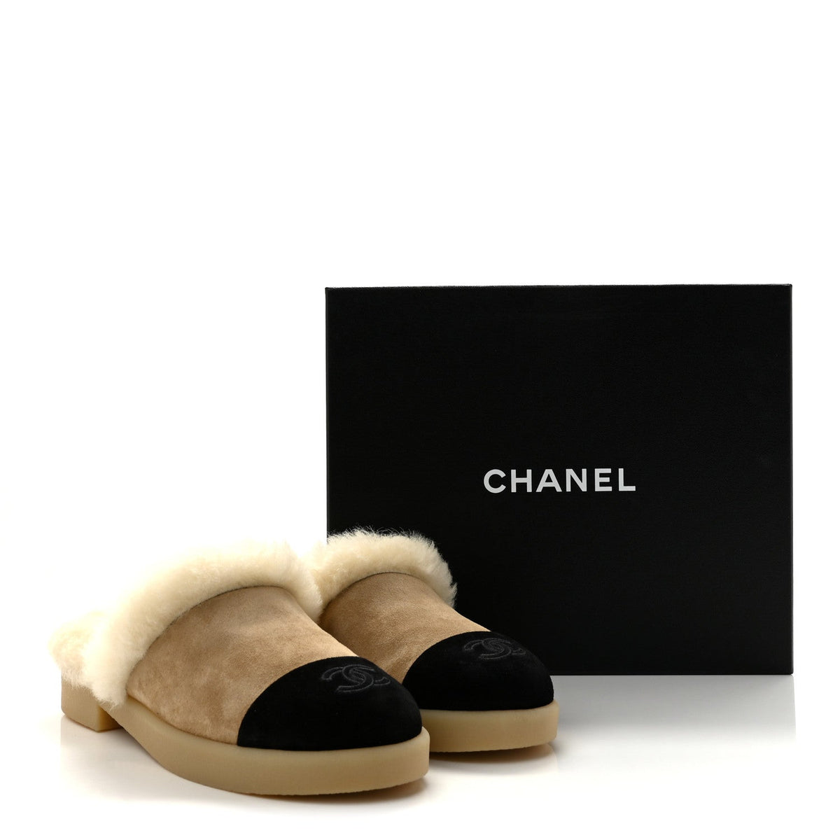Suede Shearling CC Cap Toe Mules 40 Beige Black