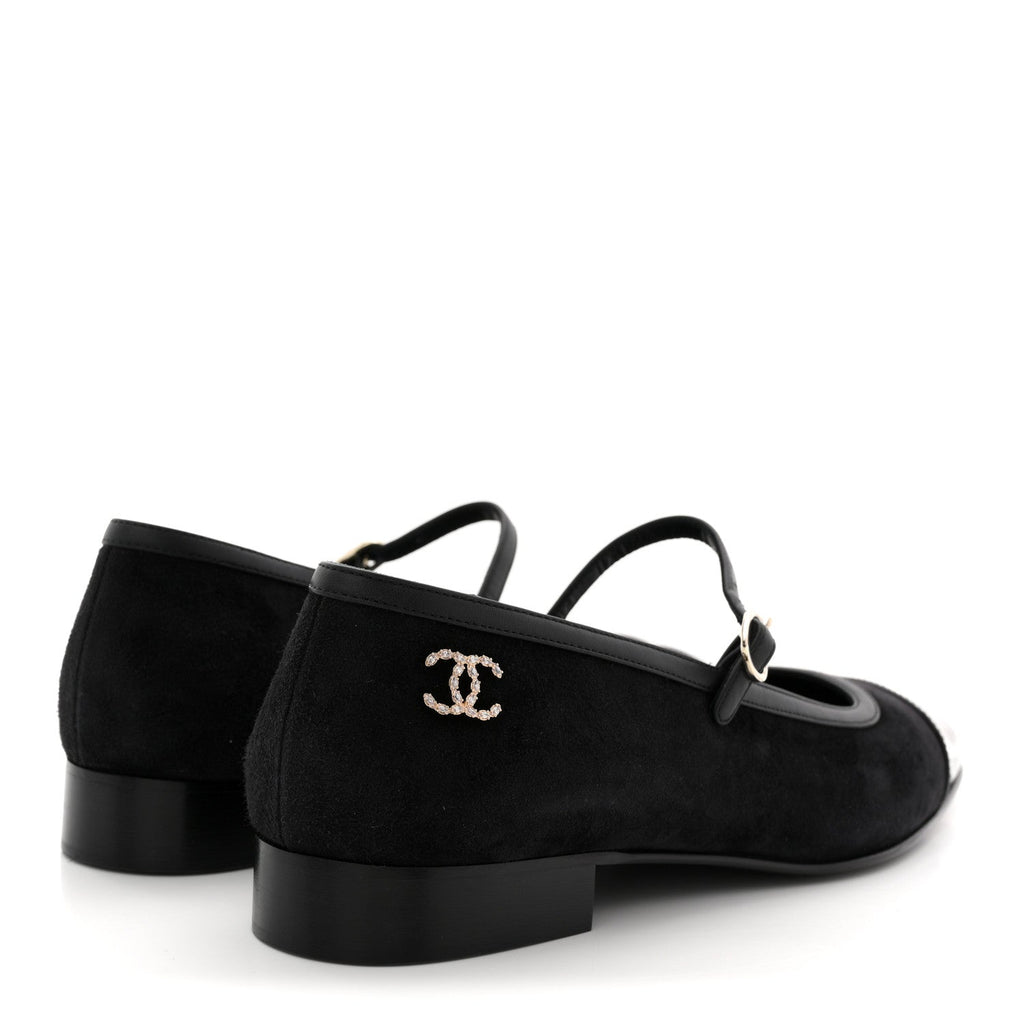 Suede Kidskin Lambskin Patent Calfskin Crystal CC Cap Toe Flats 40 Black