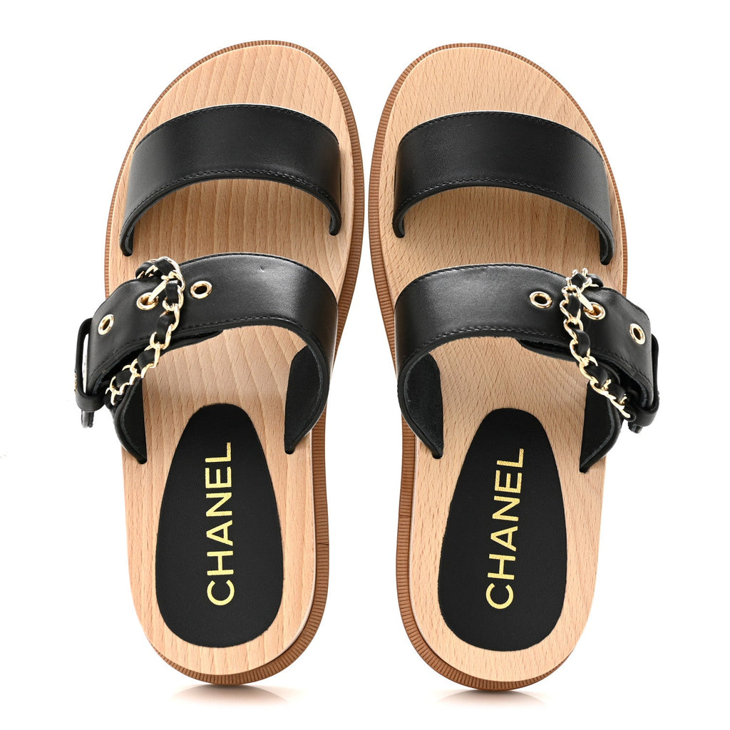 Calfskin Wood Buckle Sandals 36 Black