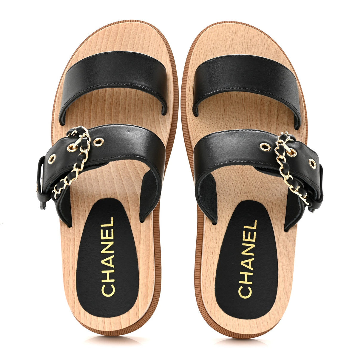 Calfskin Wood Buckle Sandals 36 Black