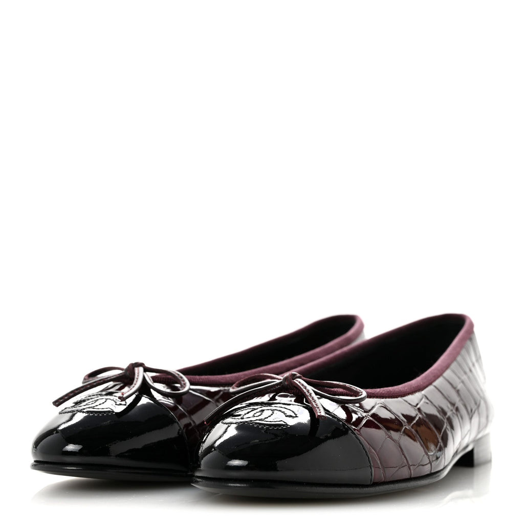 Patent Calfskin Crocodile Embossed Ballerina Flats 37 Dark Burgundy Black