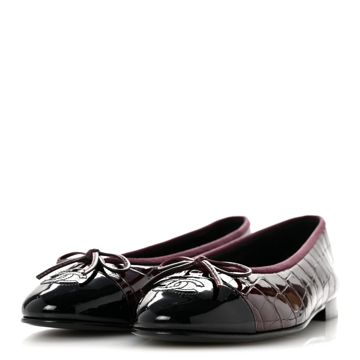 Patent Calfskin Crocodile Embossed Ballerina Flats 37 Dark Burgundy Black