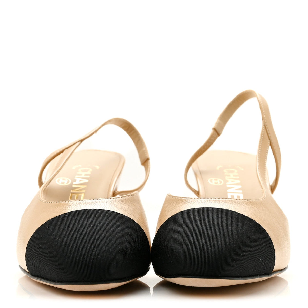 Goatskin Grosgrain Cap Toe CC Slingback Pumps 37 Beige Black
