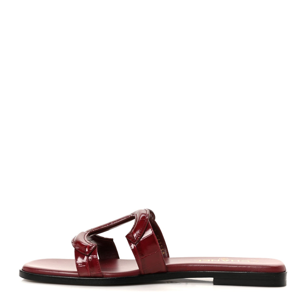 Crocodile Embossed Patent Calfskin CC Mules Sandals 39.5 Burgundy