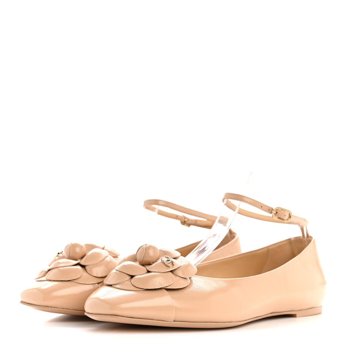 Shiny Calfskin Camellia Ankle Strap Ballerina Flats 36 Beige