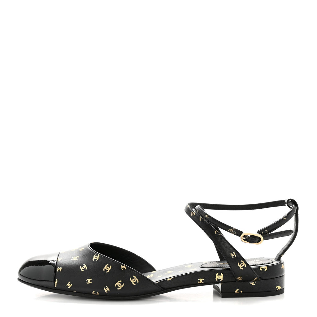 Printed Lambskin Patent Calfskin Cap Toe CC Slingbacks 36.5 Black Gold