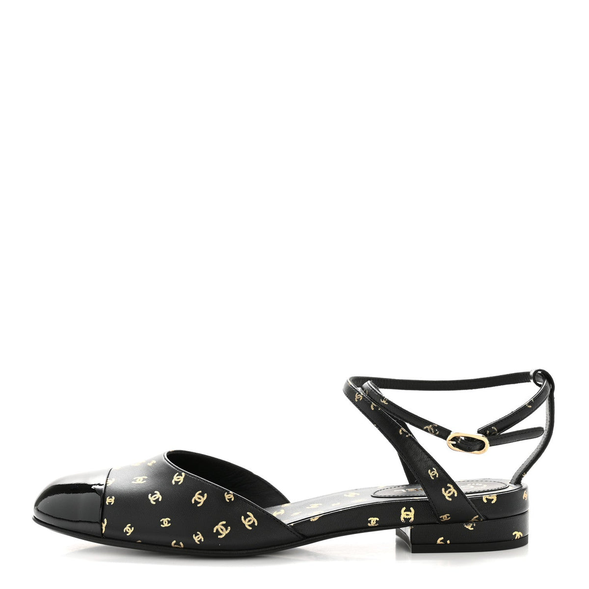 Printed Lambskin Patent Calfskin Cap Toe CC Slingbacks 36.5 Black Gold