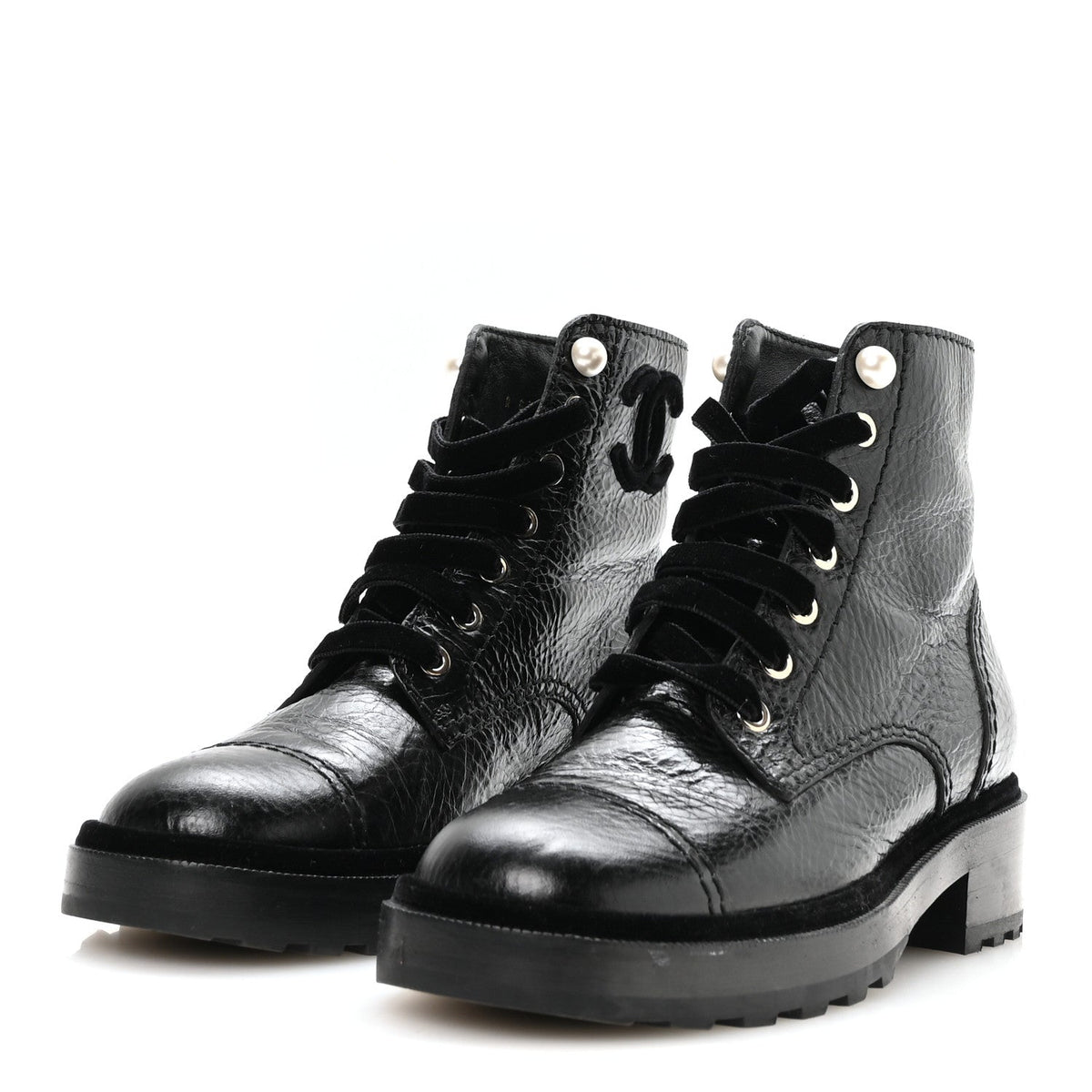 Shiny Calfskin Velvet Pearl Combat Short Boots 37.5 Black