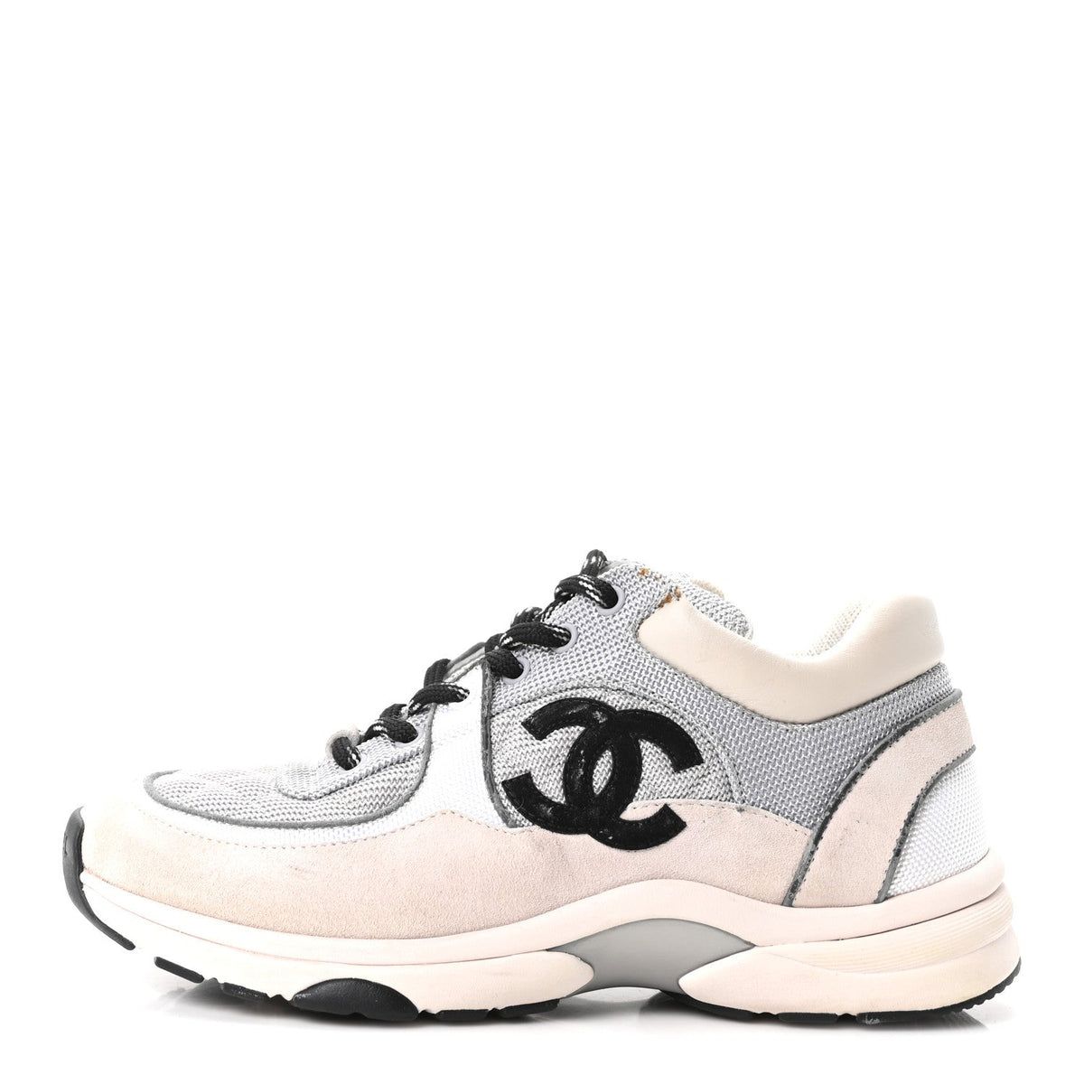 Mesh Suede Calfskin Grained Calfskin Womens CC Sneakers 37.5 Grey White