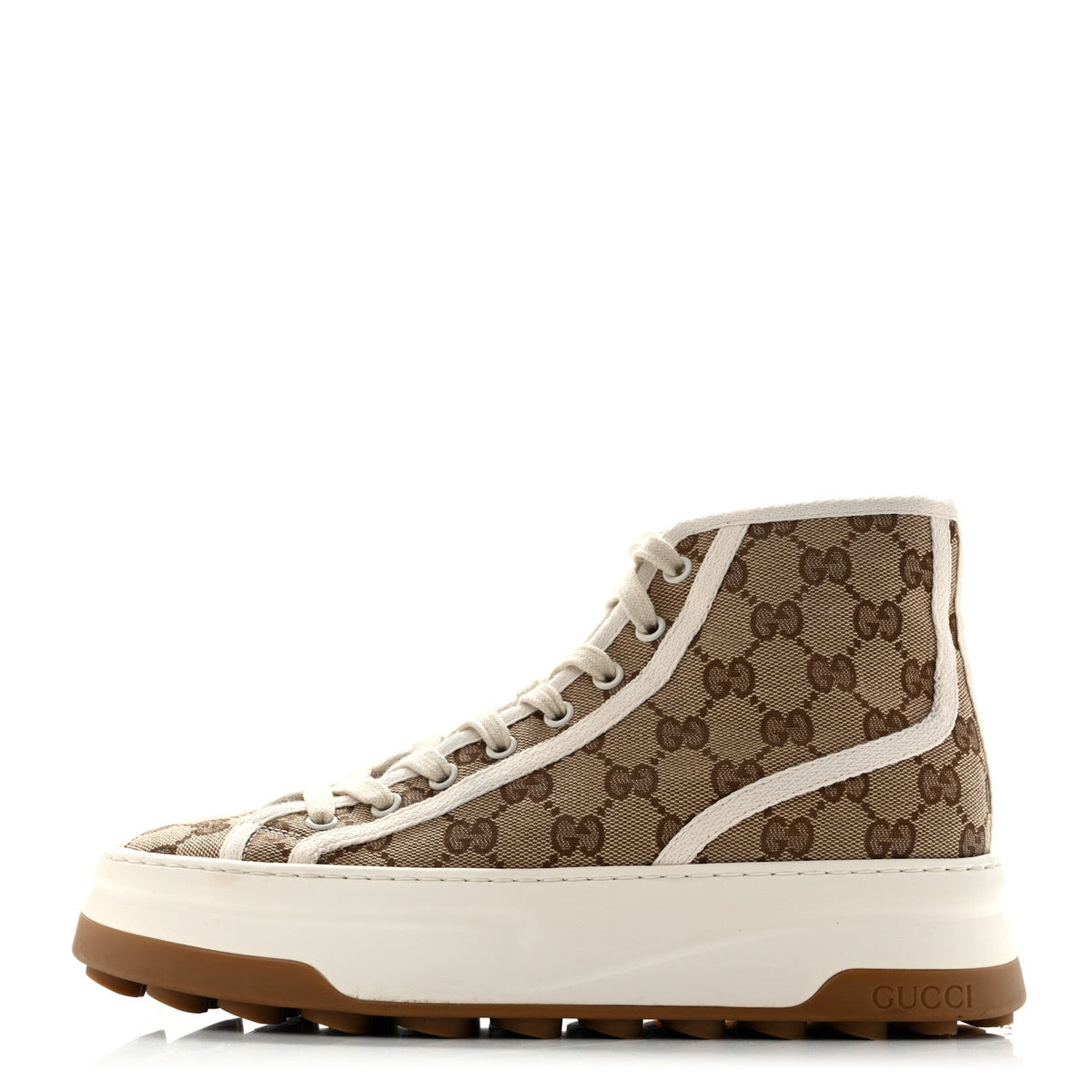 New Canvas GG Monogram Womens Tennis 1977 High Top 55mm Platform Sneakers 38.5 Beige Ebony Mystic White