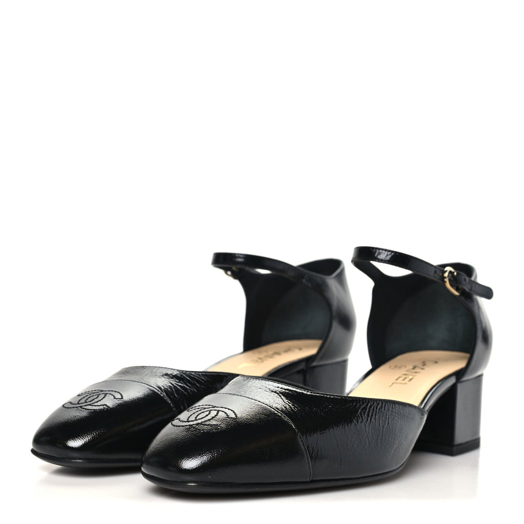 Shiny Lambskin CC Cap Toe Mary Janes Pumps 40 Black