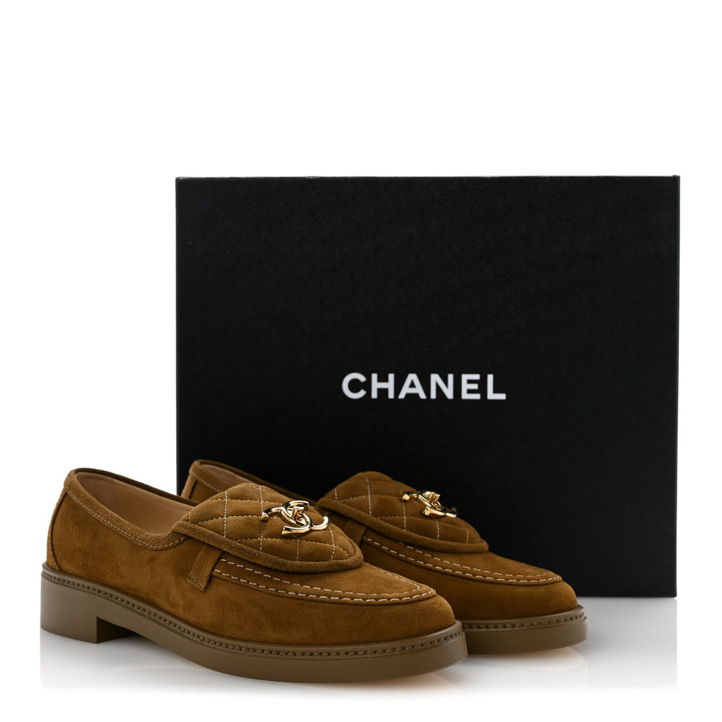 Suede Kidskin Quilted CC Turnlock Loafers 38 Light Brown