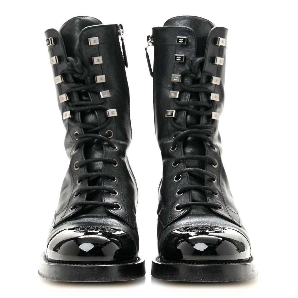 Iridescent Calfskin Patent Cap Toe Lace Up Combat Boots 38 Black