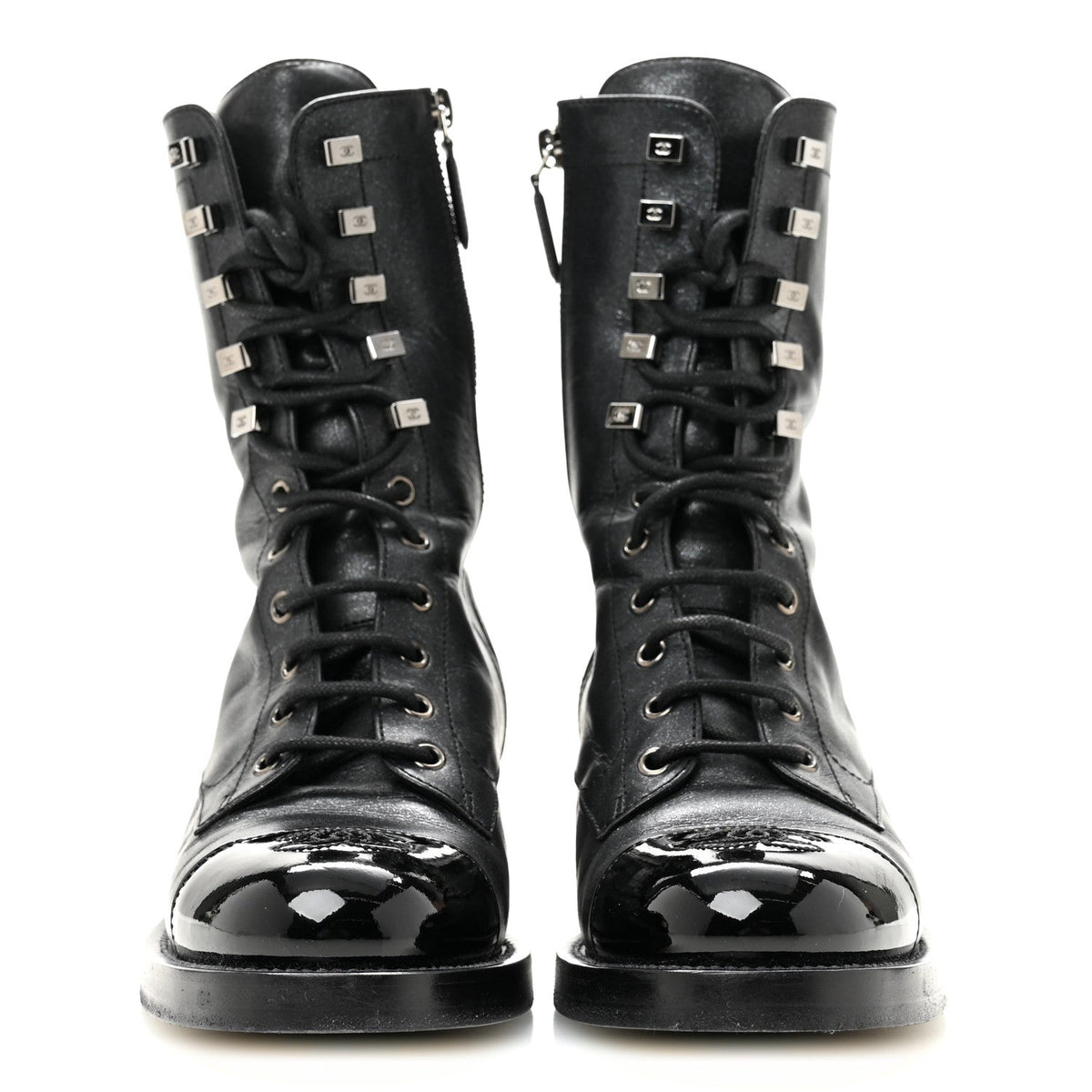 Iridescent Calfskin Patent Cap Toe Lace Up Combat Boots 38 Black