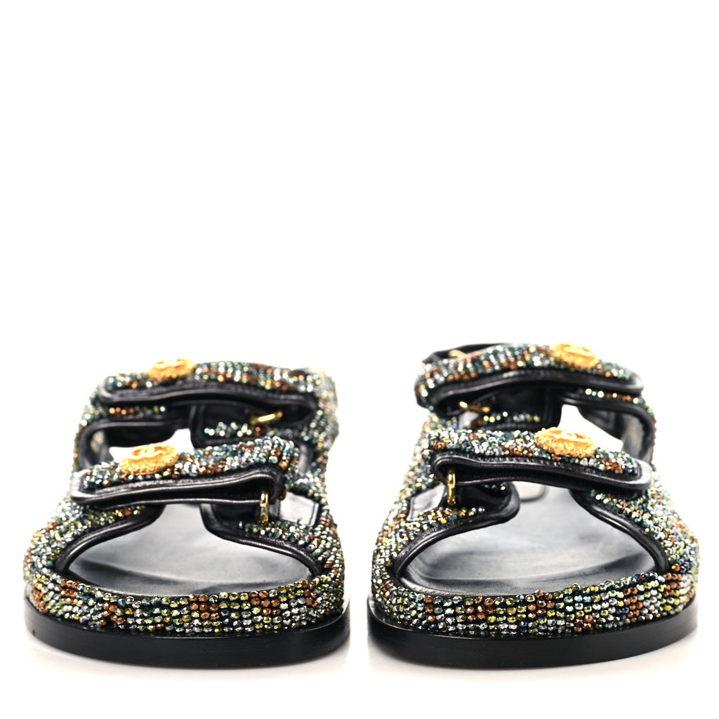 Grained Calfskin Crystal Velcro Dad Sandals 36.5 Black Multicolor