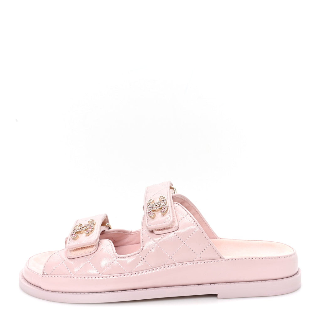 Shiny Calfskin Quilted Velcro Dad Crystal CC Slide Sandals 39 Light Pink