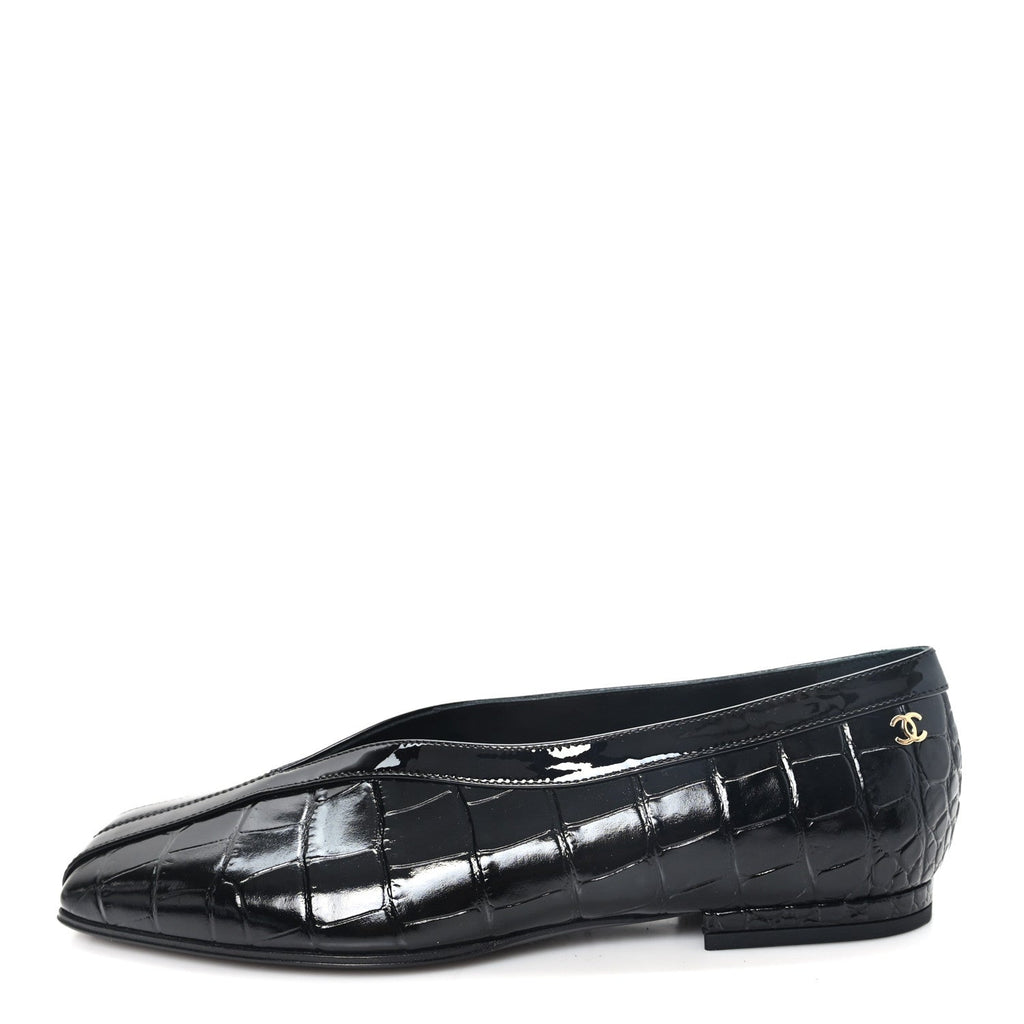 Patent Calfskin Crocodile Embossed Ballet Flats 36 Black