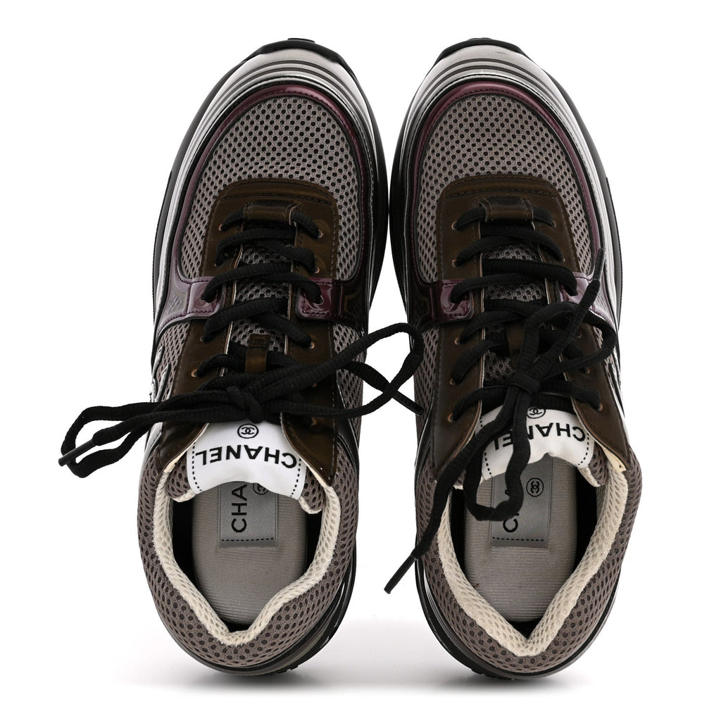 Fabric Laminated Calfskin Stretch CC Womens Sneakers 37.5 Khaki Silver Dark Purple
