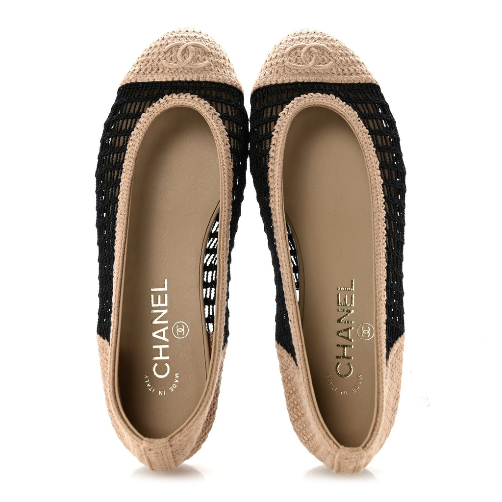 Raffia Cap Toe Ballerina Flats 38.5 Black Beige