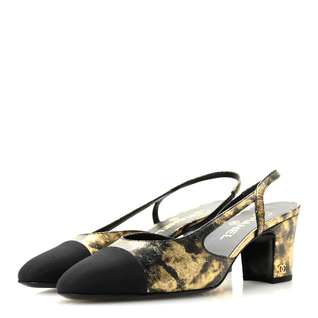 Laminated Lambskin Grosgrain Cap Toe CC Slingback Pumps 38 Gold Black