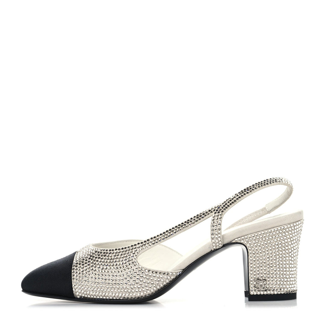 Strass Grosgrain Cap Toe CC Slingback Pumps 36 Silver Black