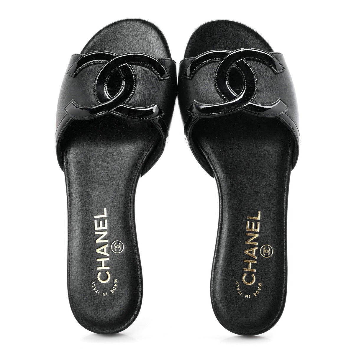 Lambskin Patent Calfskin CC Cutout Mules 37.5 Black