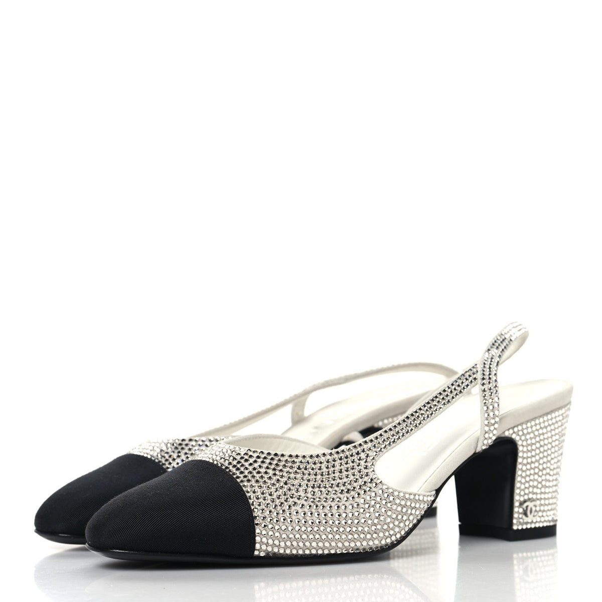 Strass Grosgrain Cap Toe CC Slingback Pumps 36 Silver Black