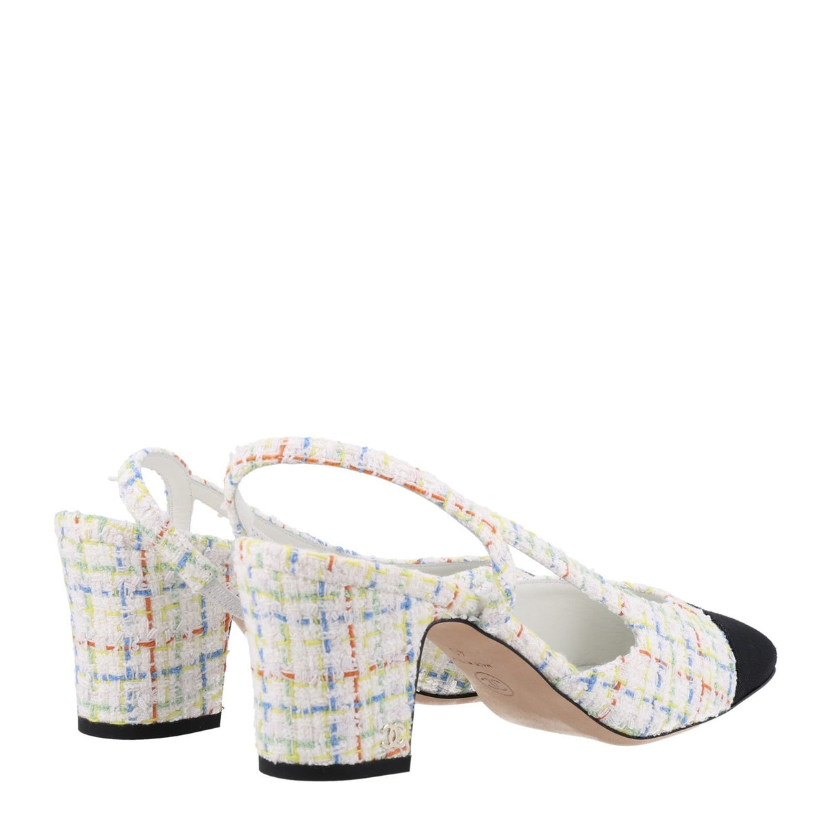 Tweed Grosgrain Cap Toe CC Slingback Pumps 40 White Multicolor
