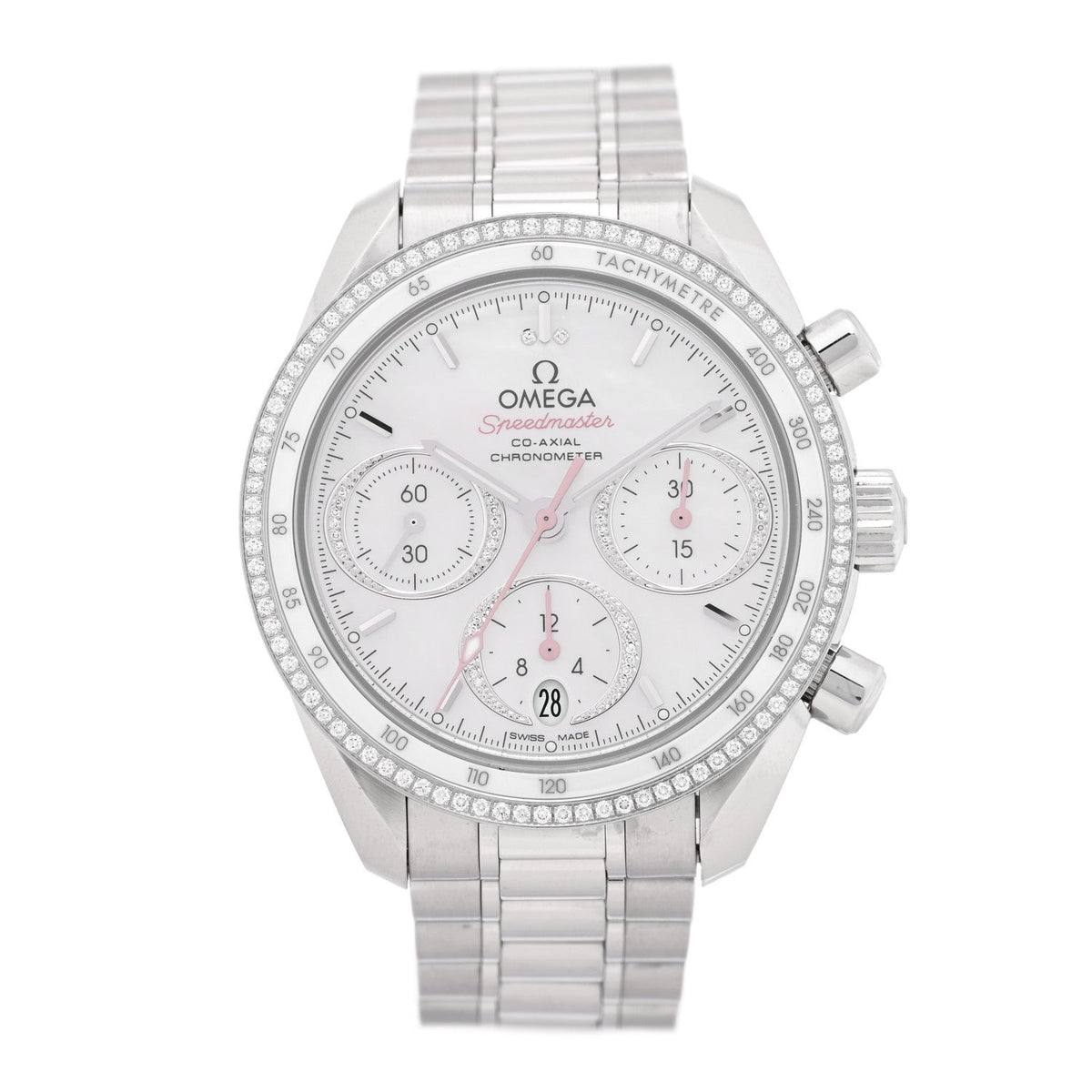 Stainless Steel Diamond Bezel Mother of Pearl 38mm Speedmaster Chronograph Automatic Watch 324.38.38.50.55.001
