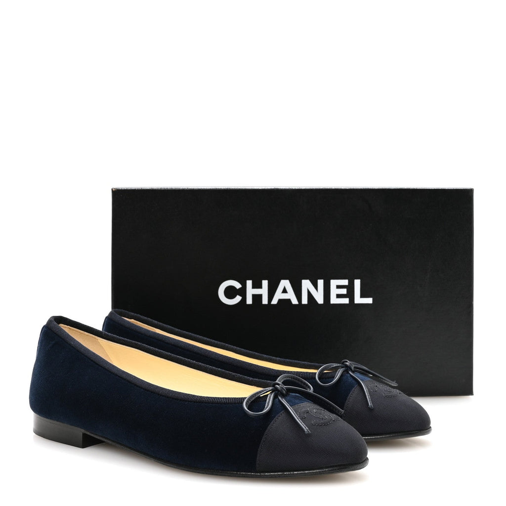 Velvet Grosgrain Cap Toe CC Ballerina Flats 37.5 Navy Black