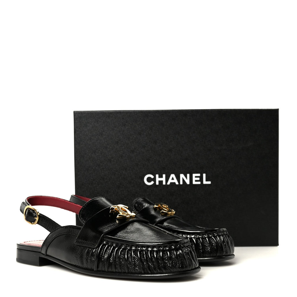 Crumpled Shiny Lambskin CC Slingback Mocassin 38.5 Black