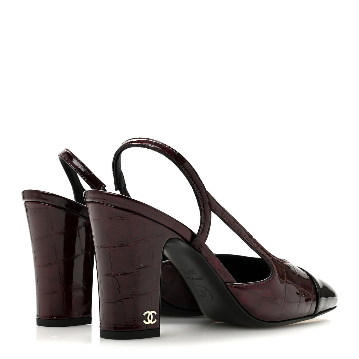 Patent Calfskin Crocodile Embossed Cap Toe CC Slingback Pumps 36.5 Dark Burgundy Black