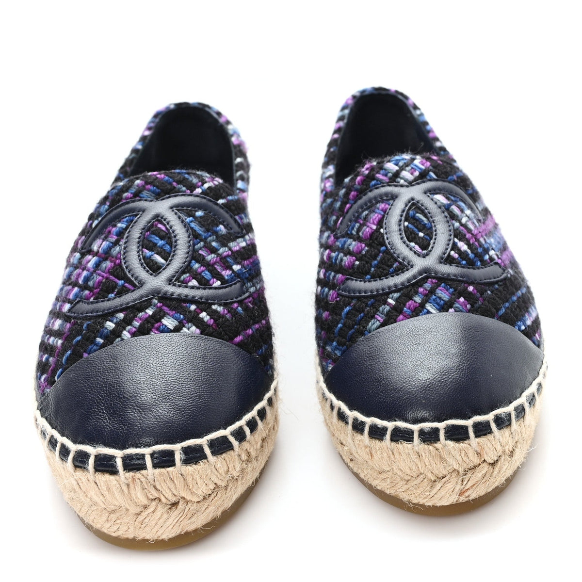 Tweed Grosgrain CC Espadrilles 35 Purple Black Navy