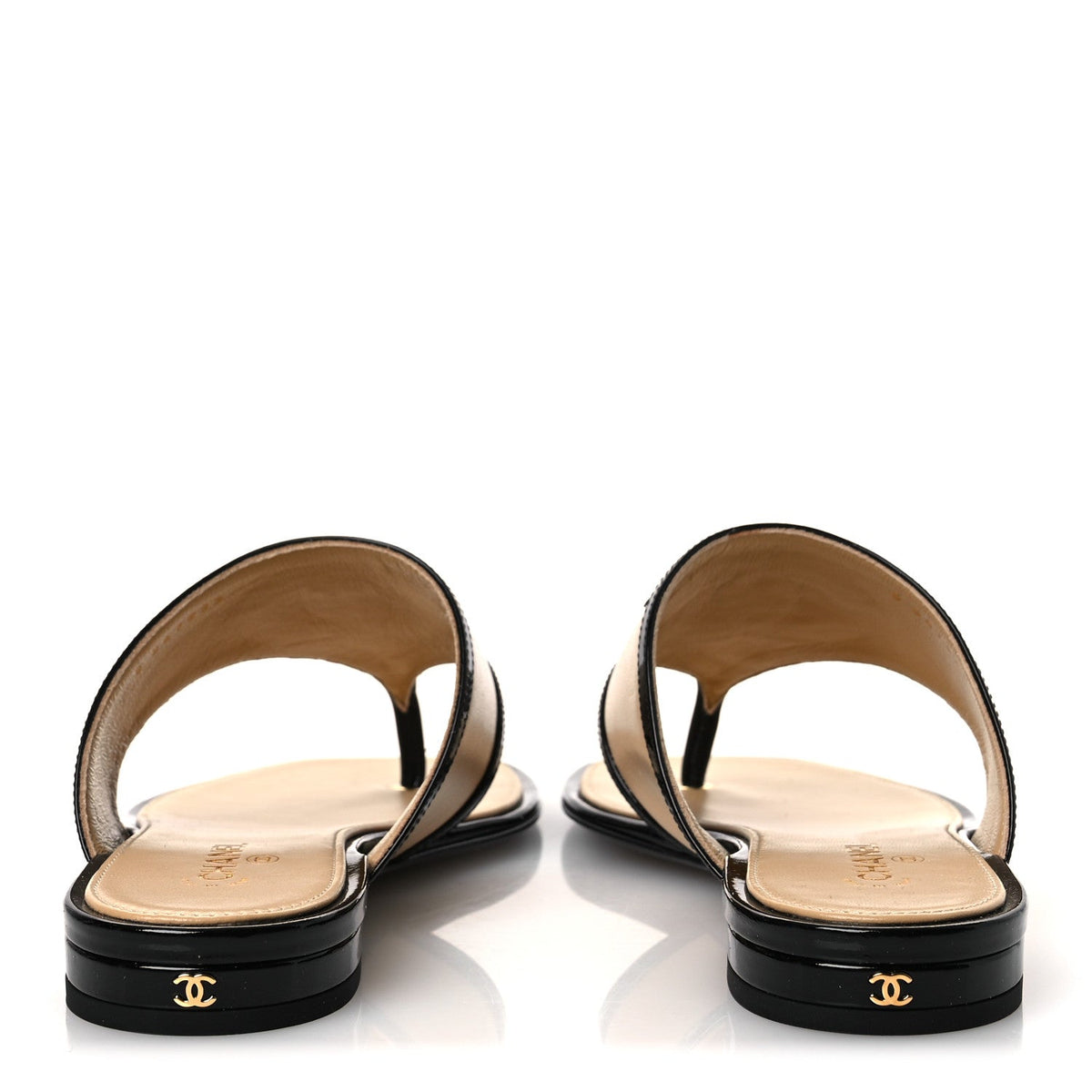 Lambskin Patent Calfskin CC Thong Sandals 38 Beige Black