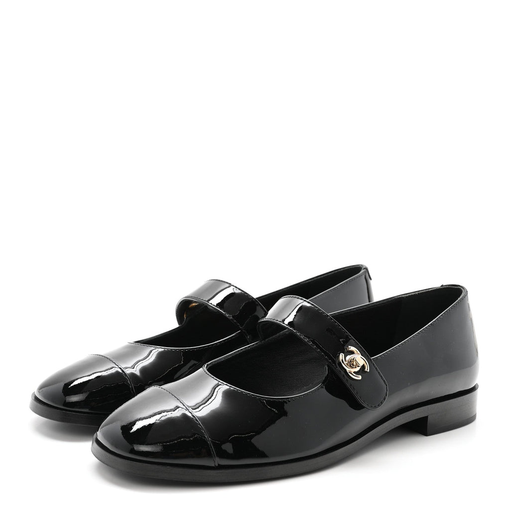 Patent Calfskin Mary Janes Flats 37.5 Black