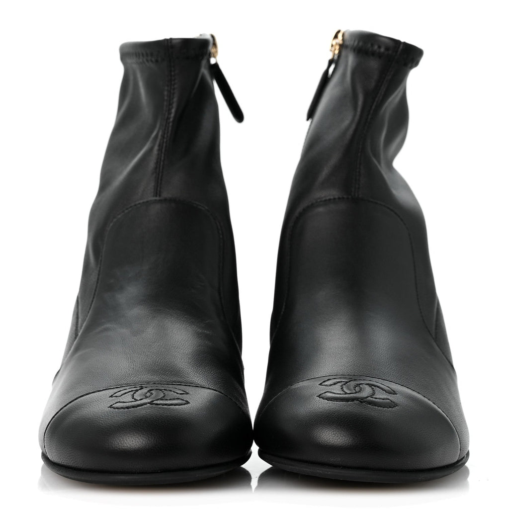 Stretch Lambskin Cap Toe CC Uniform Short Boots 38 Black