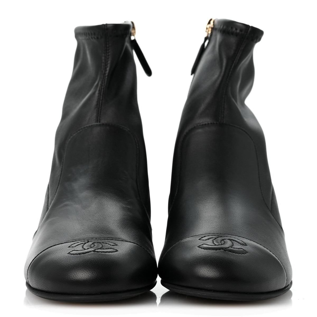 Stretch Lambskin Cap Toe CC Uniform Short Boots 38 Black