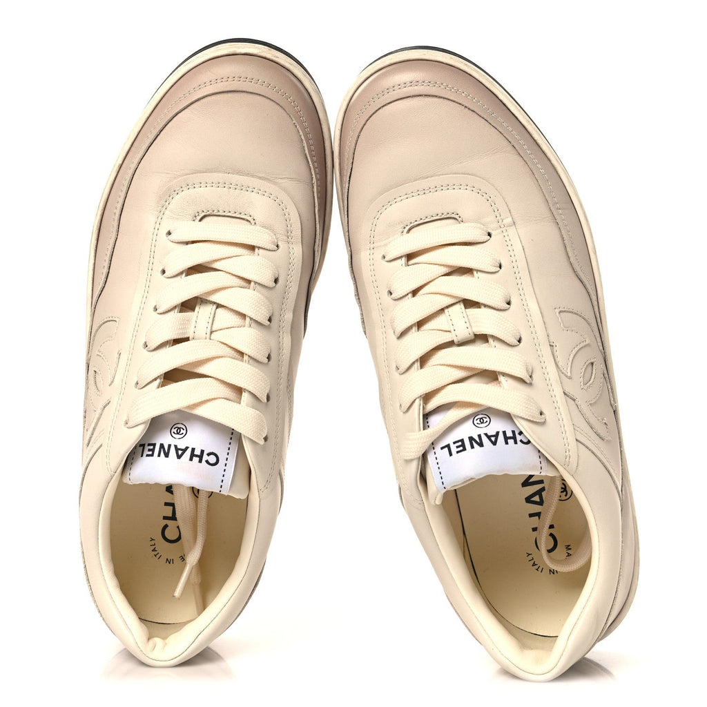 Printed Calfskin Womens CC Logo Sneakers 38 Beige