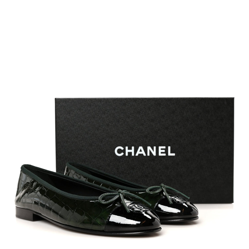 Patent Calfskin Crocodile Embossed Ballerina Flats 36.5 Dark Green Black