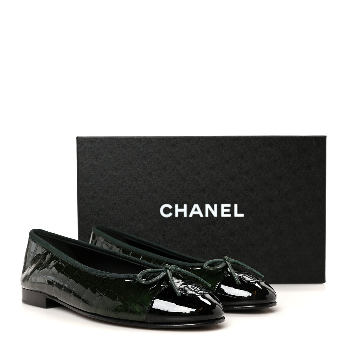 Patent Calfskin Crocodile Embossed Ballerina Flats 36.5 Dark Green Black