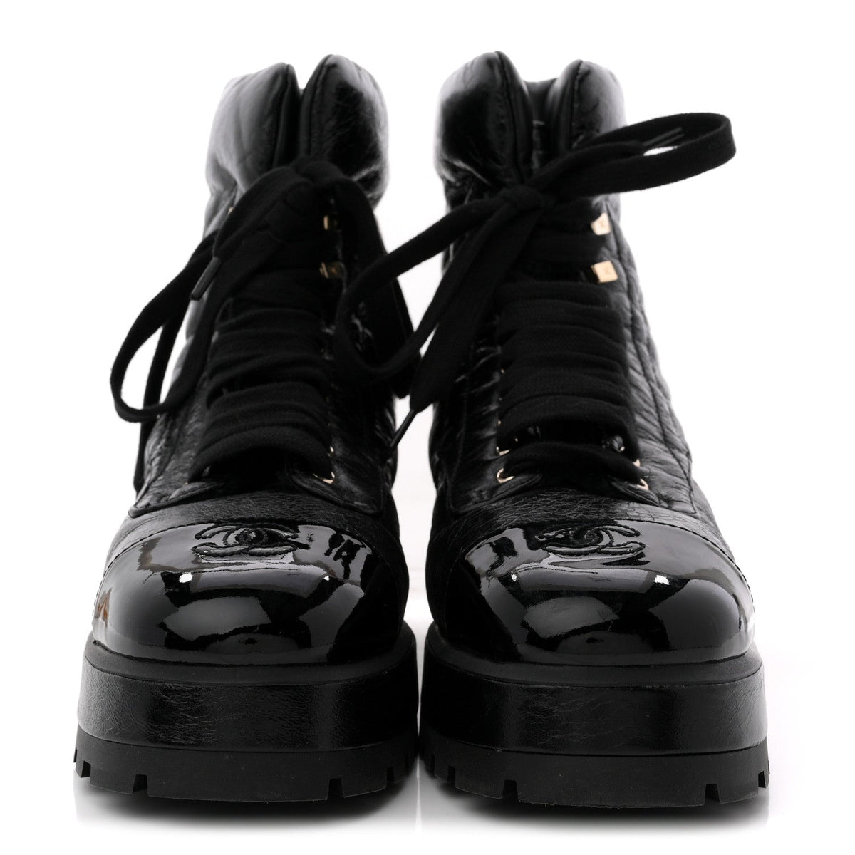 Crumpled Patent Lambskin Calfskin Quilted Lace Up Combat Boots 41.5 Black