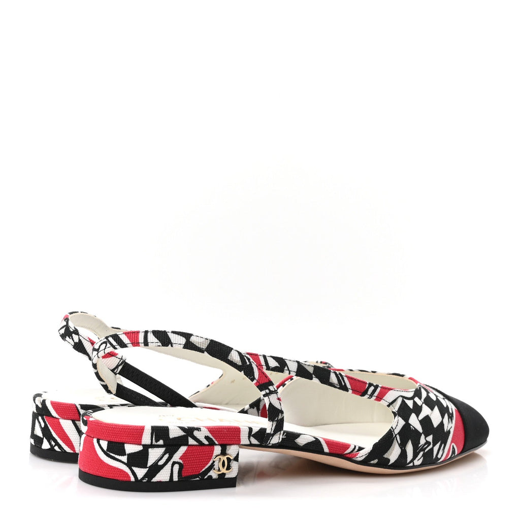 Printed Fabric Grosgrain Cap Toe CC Slingback Flats 38 Red Black White