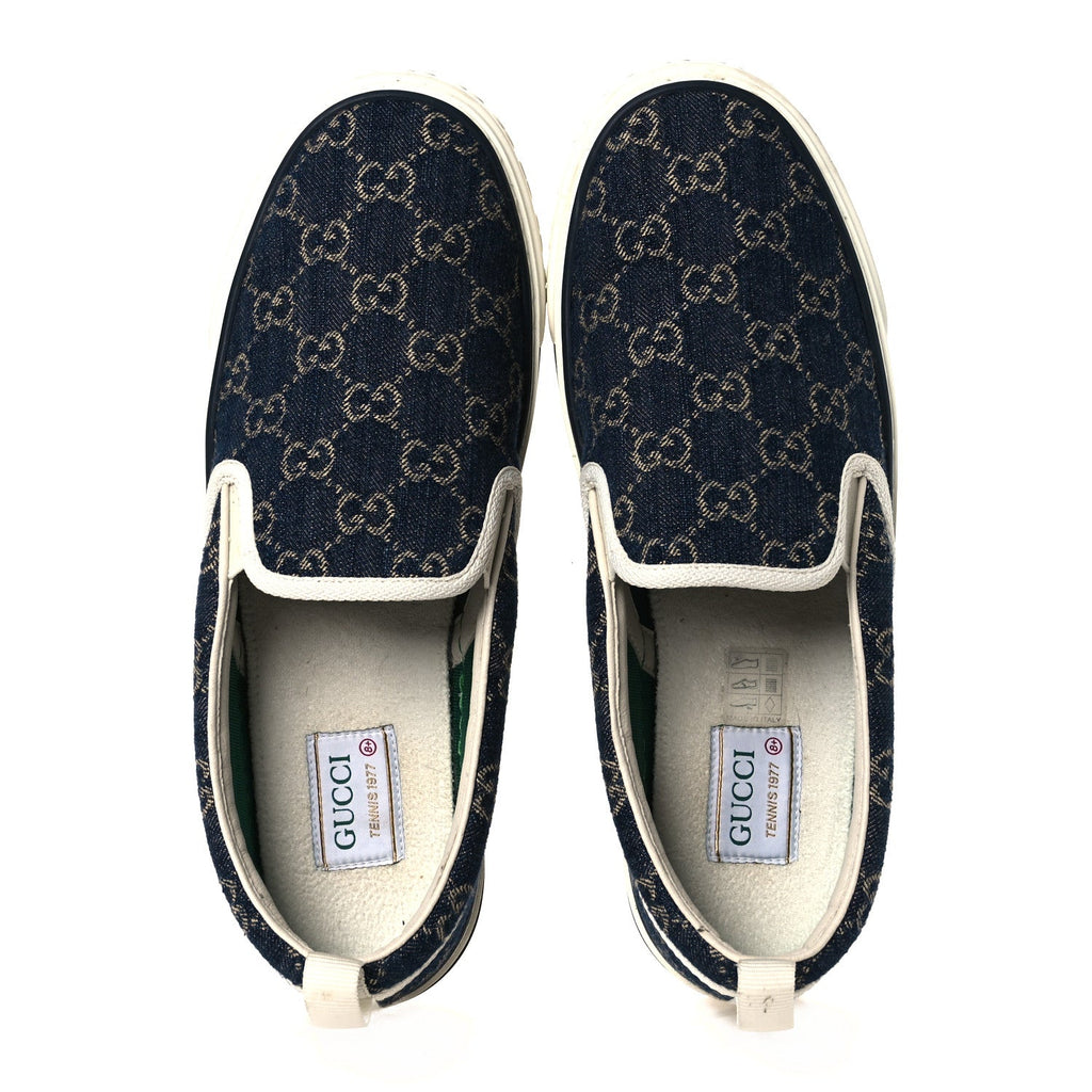 New Denim GG Monogram Mens 1977 Tennis Slip On Sneakers 8.5 Blue Tea Mystic White