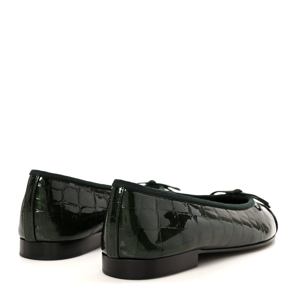 Patent Calfskin Crocodile Embossed Ballerina Flats 36.5 Dark Green Black