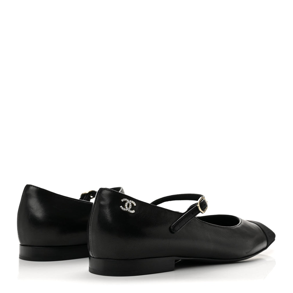 Lambskin Grosgrain Cap Toe CC Mary Jane Flats 37 Black