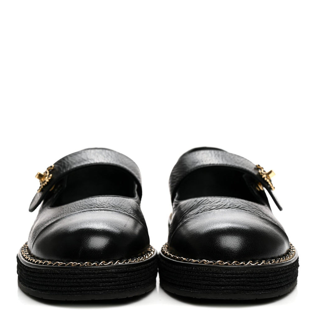 Crumpled Lambskin Cap Toe Chain CC Turnlock Mary Jane Flats 35 Black