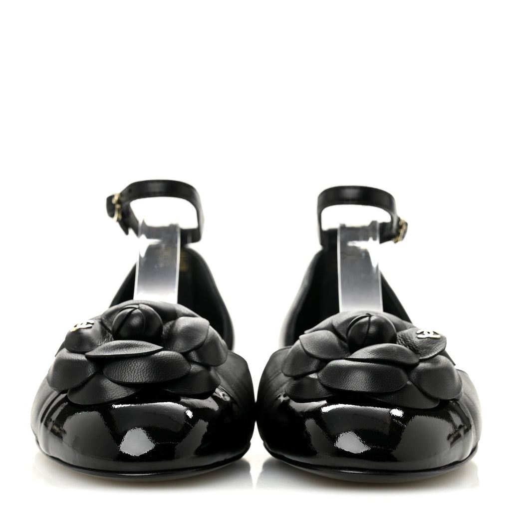 Lambskin Patent Calfskin Cap Toe Camellia Mary Jane Flats 36 Black